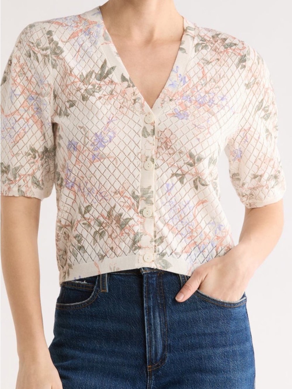 Ellen Tracy Cream Floral Short-Sleeve V-Neck Button Cardigan Top